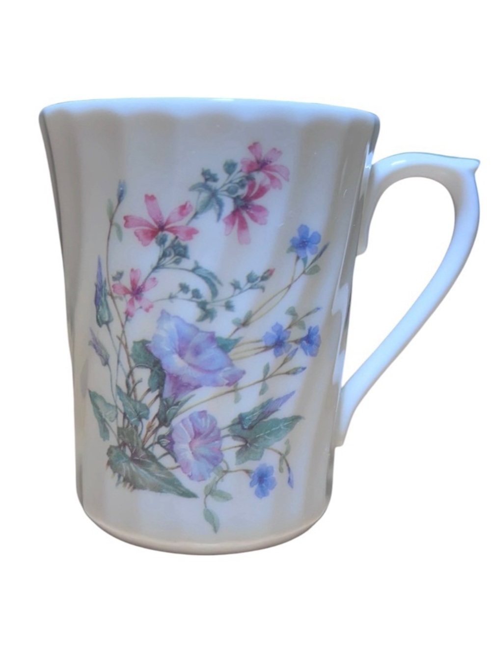 Floral Porcelain Coffee Mug - White with Purple & Pink Flowers